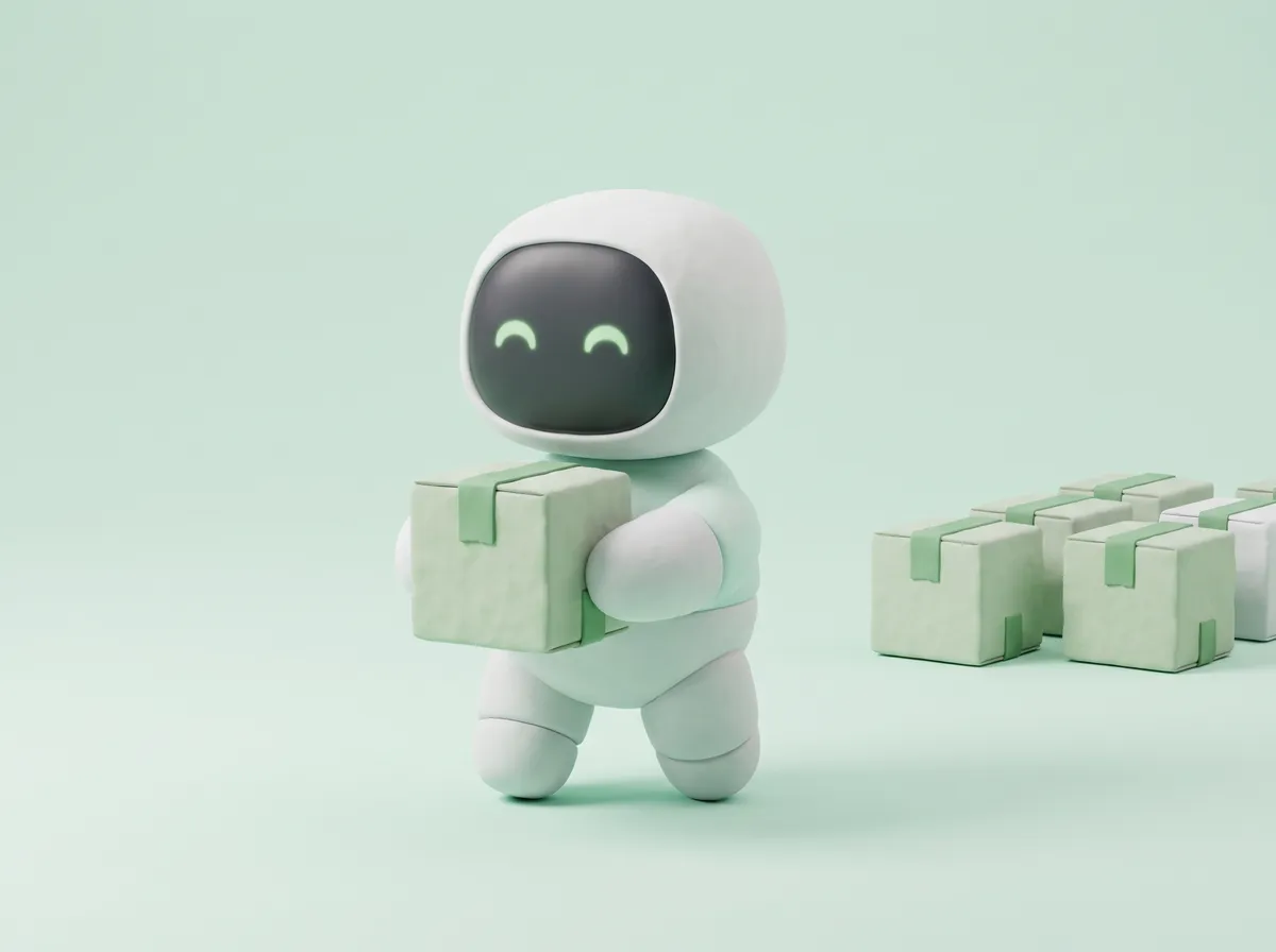 The AyHire robot walking forward, carrying one box in both arms